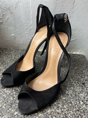 SCHUTZ Black Suede Peep-Toe Ankle Strap Heels